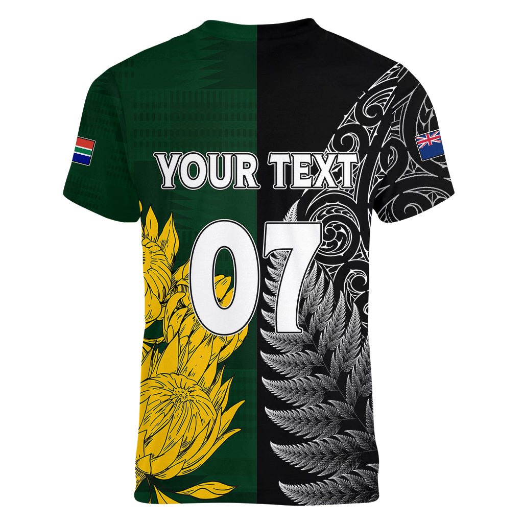 Personalised New Zealand Mix South Africa Rugby Women V Neck T Shirt Protea Vs. Silver Ferns - Wonder Print Shop