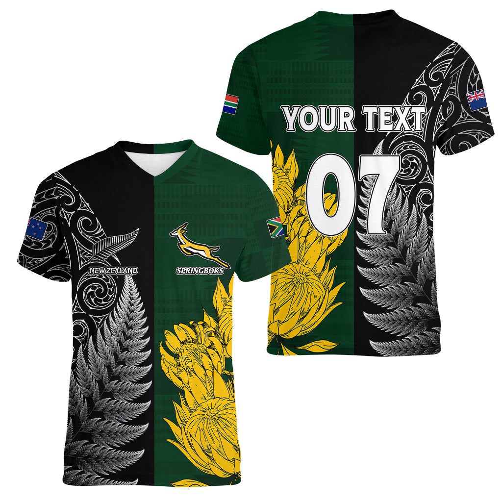 Personalised New Zealand Mix South Africa Rugby Women V Neck T Shirt Protea Vs. Silver Ferns - Wonder Print Shop
