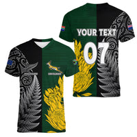 Personalised New Zealand Mix South Africa Rugby Women V Neck T Shirt Protea Vs. Silver Ferns - Wonder Print Shop