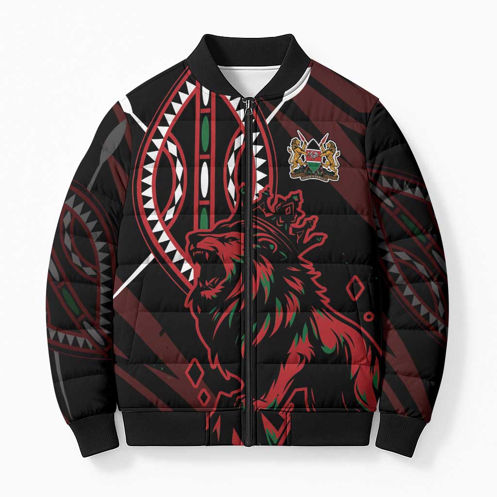 Kenya King Lion Personalized Bomber Puffer Jacket Stylized Maasai Shield - Wonder Print Shop