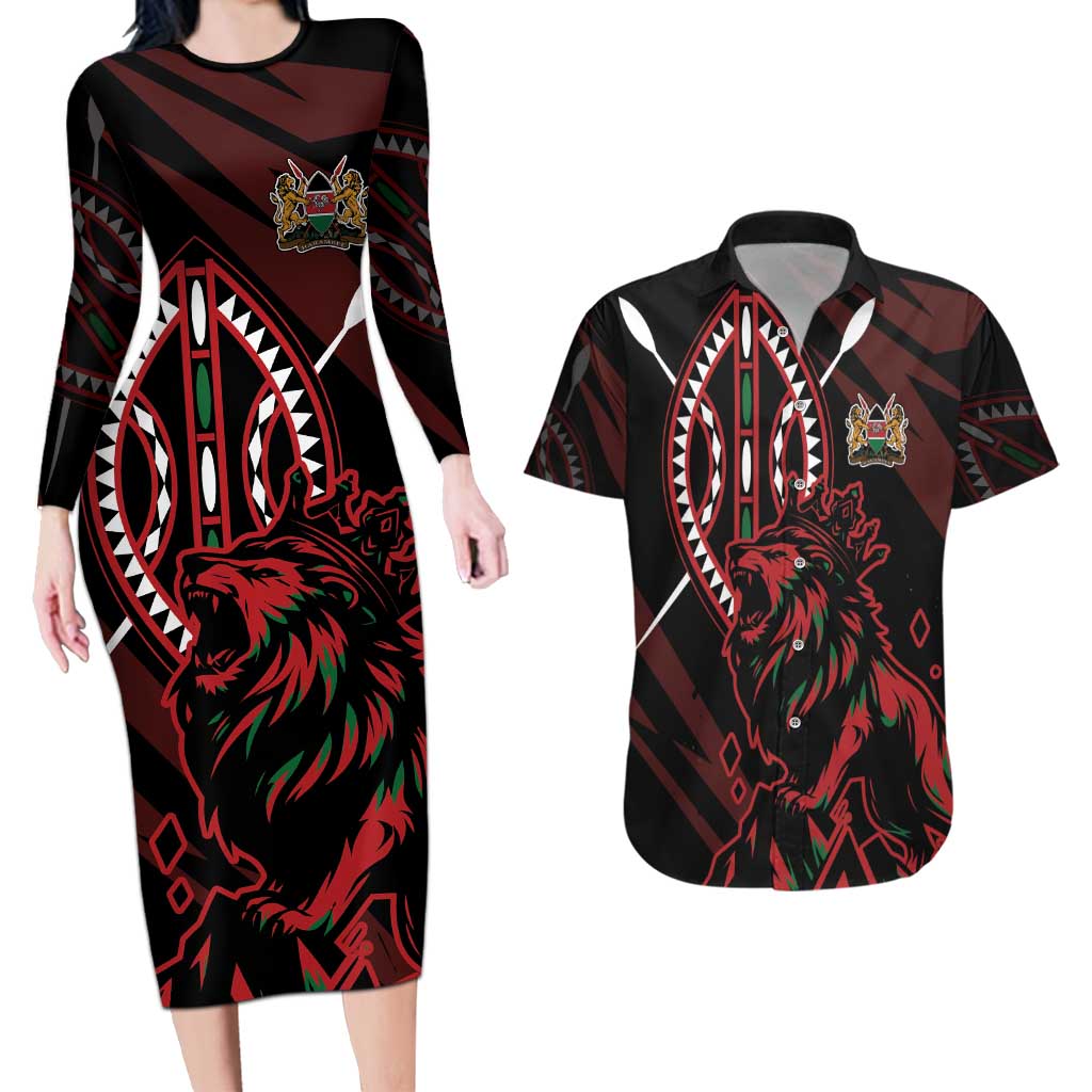 Kenya King Lion Personalized Couples Matching Long Sleeve Bodycon Dress and Hawaiian Shirt Stylized Maasai Shield - Wonder Print Shop