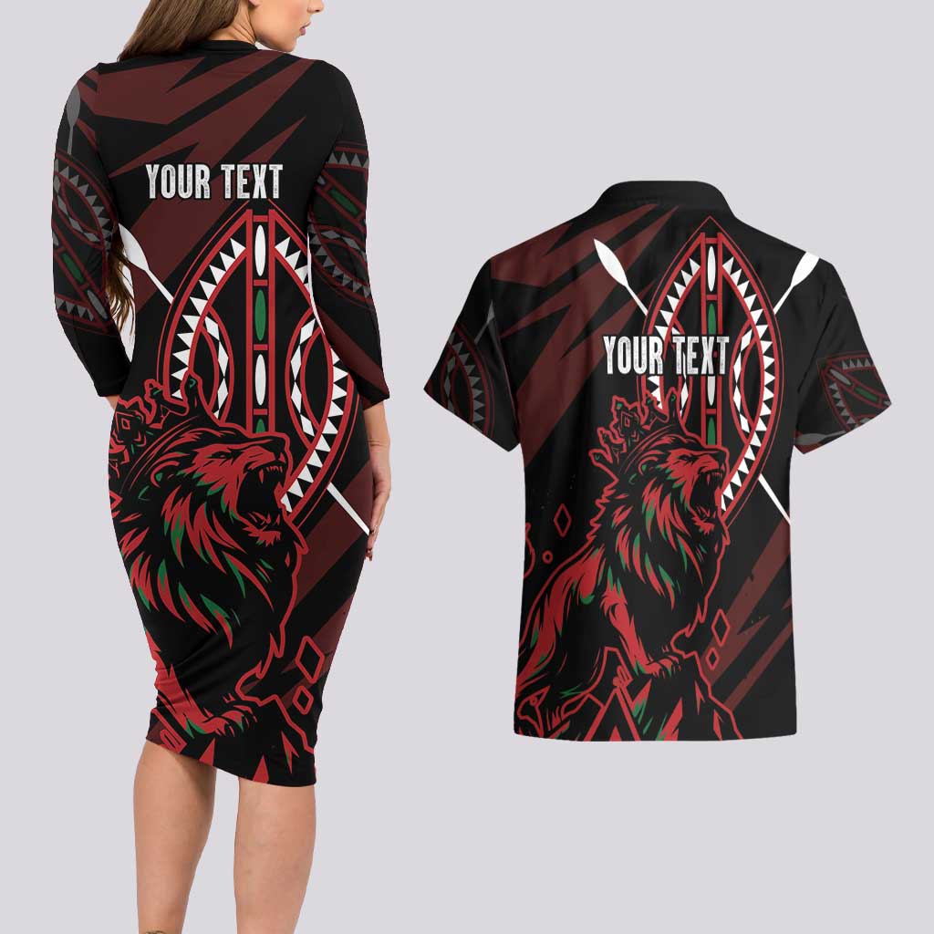 Kenya King Lion Personalized Couples Matching Long Sleeve Bodycon Dress and Hawaiian Shirt Stylized Maasai Shield - Wonder Print Shop