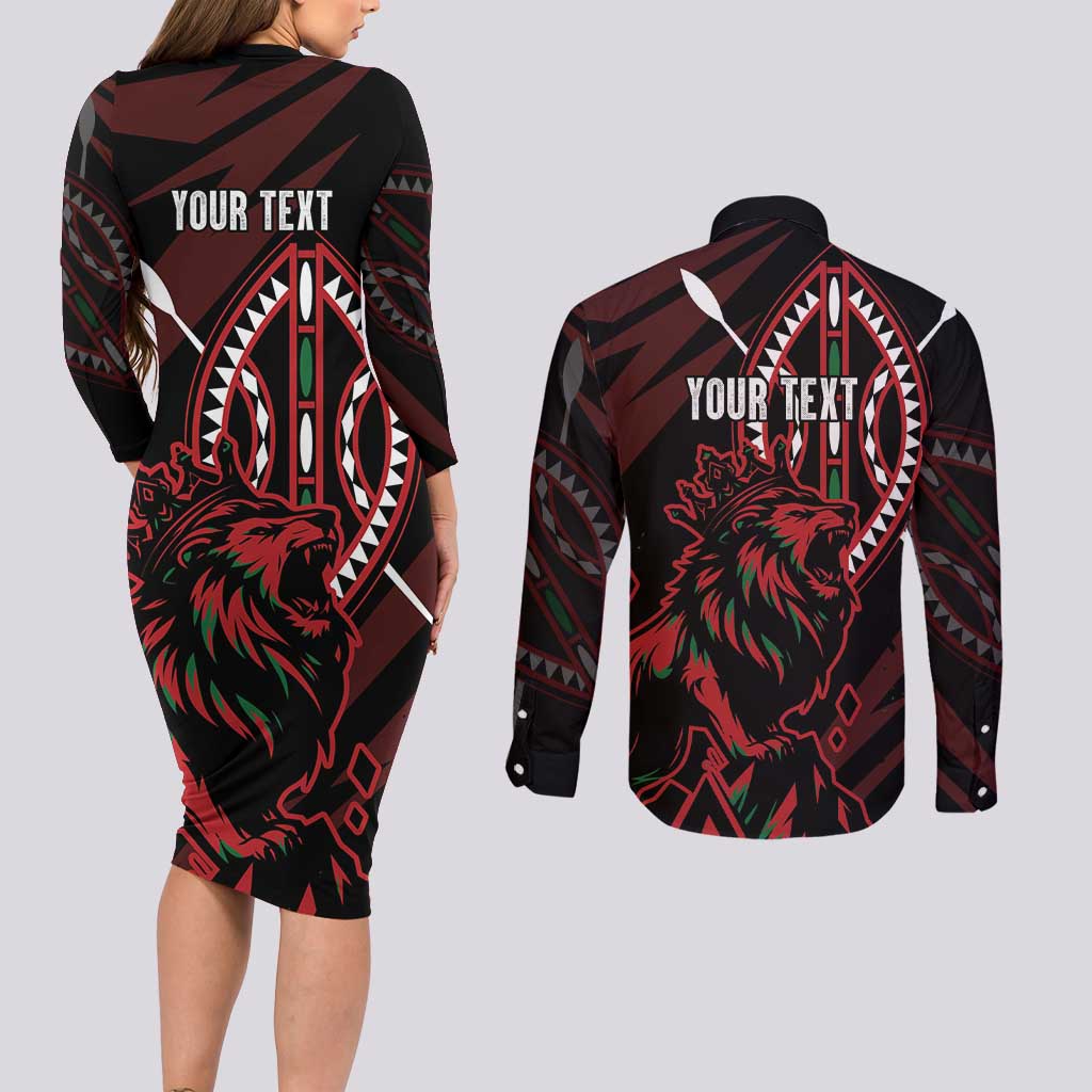 Kenya King Lion Personalized Couples Matching Long Sleeve Bodycon Dress and Long Sleeve Button Shirt Stylized Maasai Shield - Wonder Print Shop