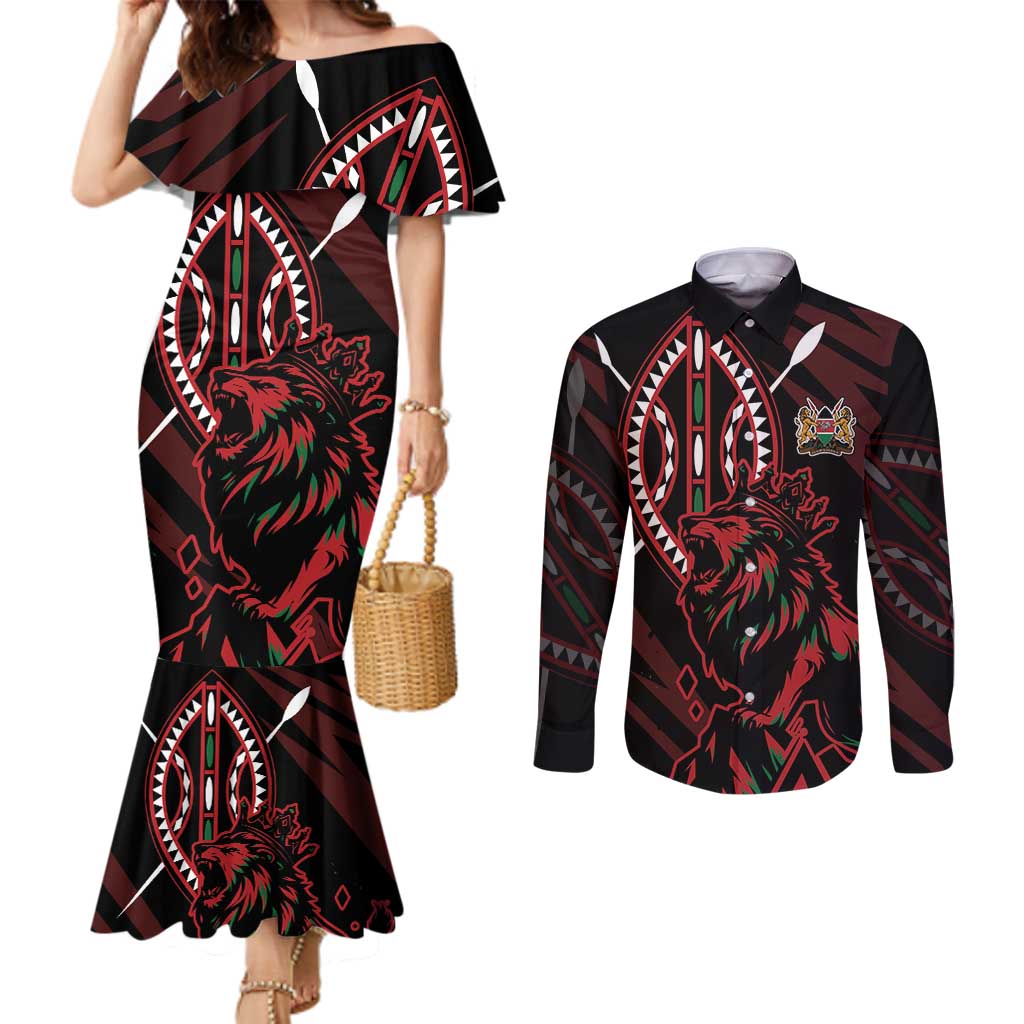 Kenya King Lion Personalized Couples Matching Mermaid Dress and Long Sleeve Button Shirt Stylized Maasai Shield - Wonder Print Shop