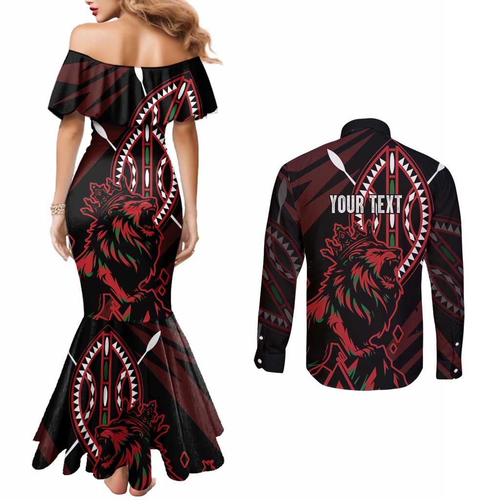 Kenya King Lion Personalized Couples Matching Mermaid Dress and Long Sleeve Button Shirt Stylized Maasai Shield - Wonder Print Shop