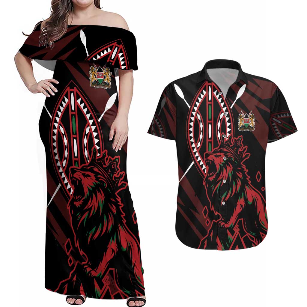 Kenya King Lion Personalized Couples Matching Off Shoulder Maxi Dress and Hawaiian Shirt Stylized Maasai Shield - Wonder Print Shop