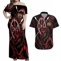 Kenya King Lion Personalized Couples Matching Off Shoulder Maxi Dress and Hawaiian Shirt Stylized Maasai Shield - Wonder Print Shop