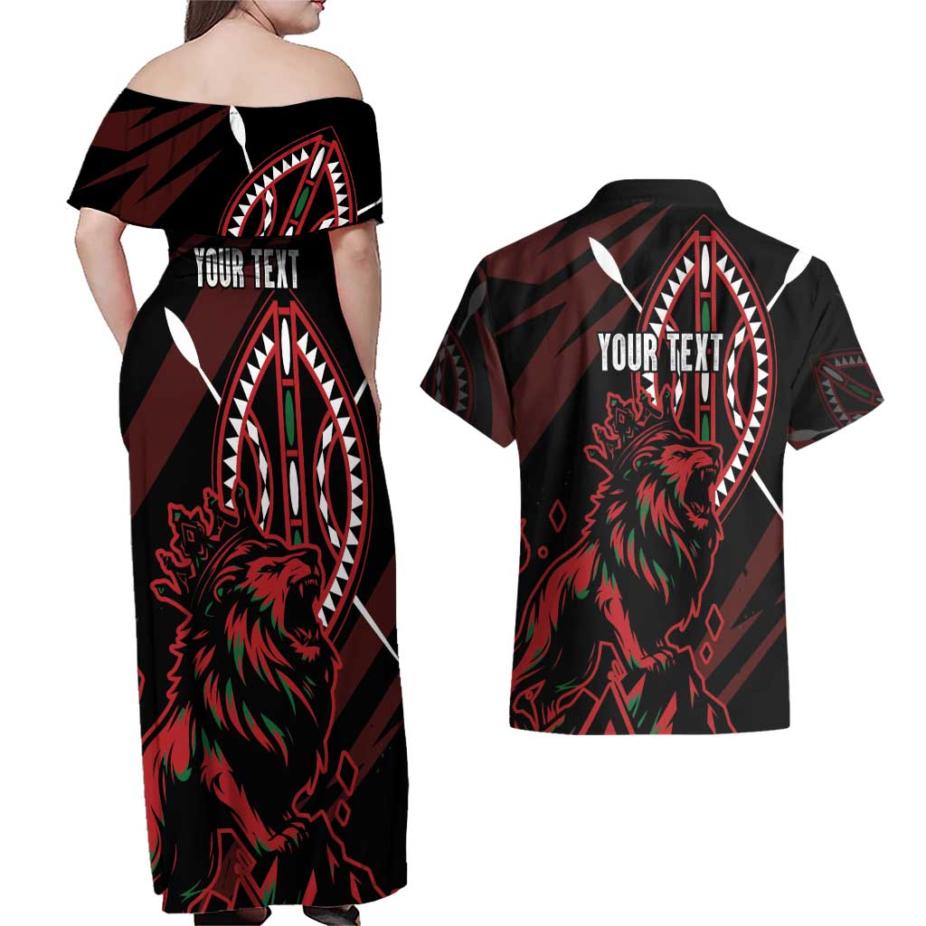 Kenya King Lion Personalized Couples Matching Off Shoulder Maxi Dress and Hawaiian Shirt Stylized Maasai Shield - Wonder Print Shop