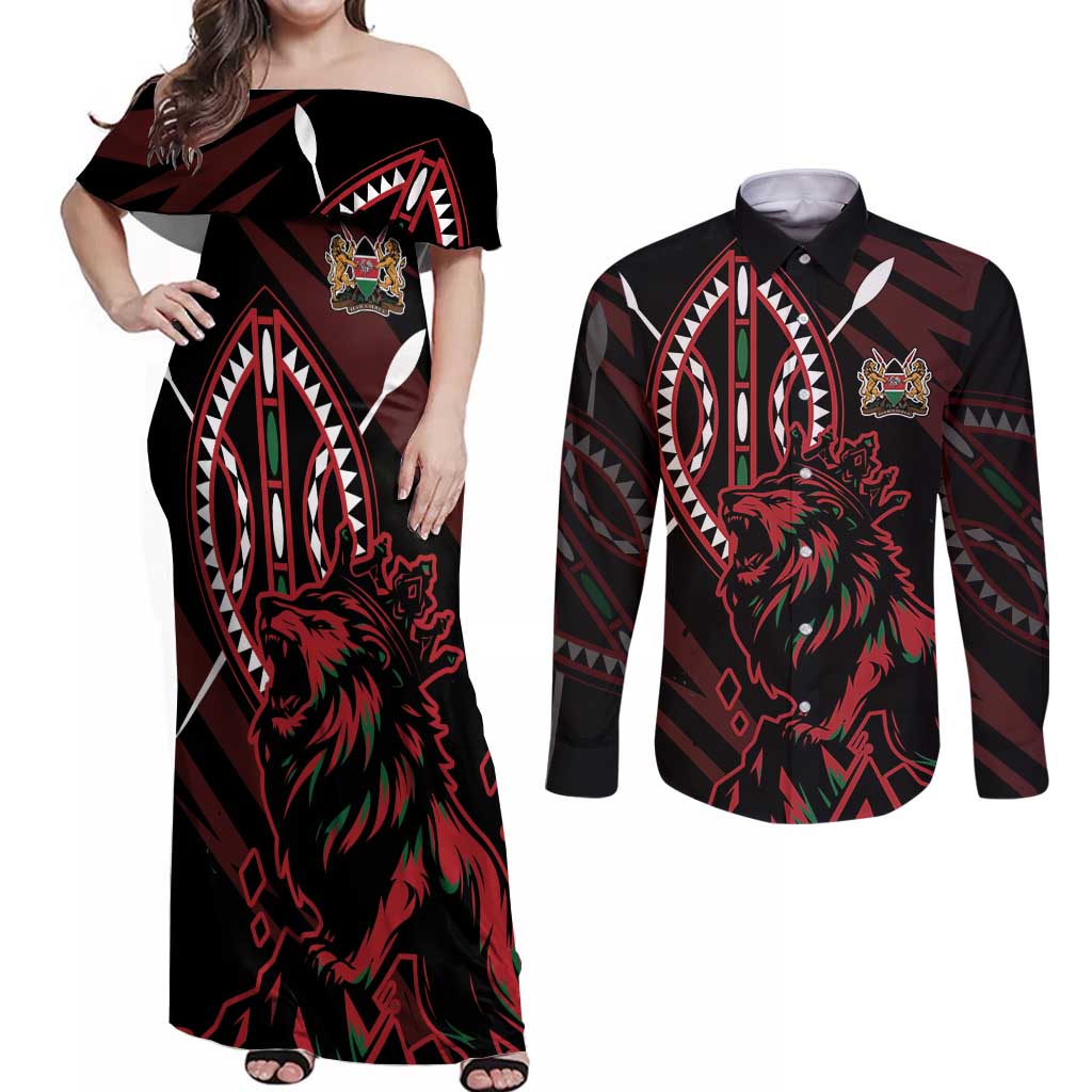 Kenya King Lion Personalized Couples Matching Off Shoulder Maxi Dress and Long Sleeve Button Shirt Stylized Maasai Shield - Wonder Print Shop