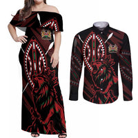 Kenya King Lion Personalized Couples Matching Off Shoulder Maxi Dress and Long Sleeve Button Shirt Stylized Maasai Shield - Wonder Print Shop