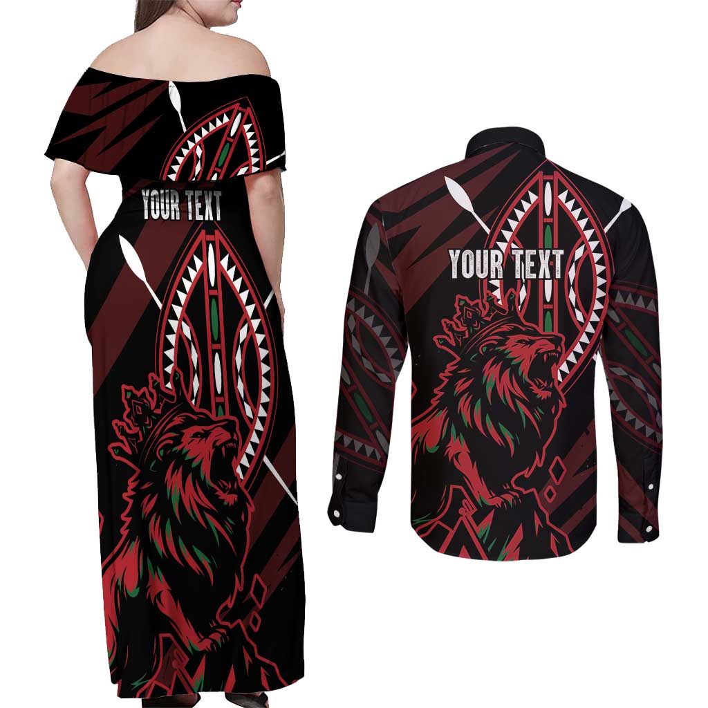 Kenya King Lion Personalized Couples Matching Off Shoulder Maxi Dress and Long Sleeve Button Shirt Stylized Maasai Shield - Wonder Print Shop