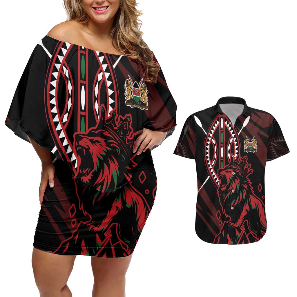 Kenya King Lion Personalized Couples Matching Off Shoulder Short Dress and Hawaiian Shirt Stylized Maasai Shield - Wonder Print Shop