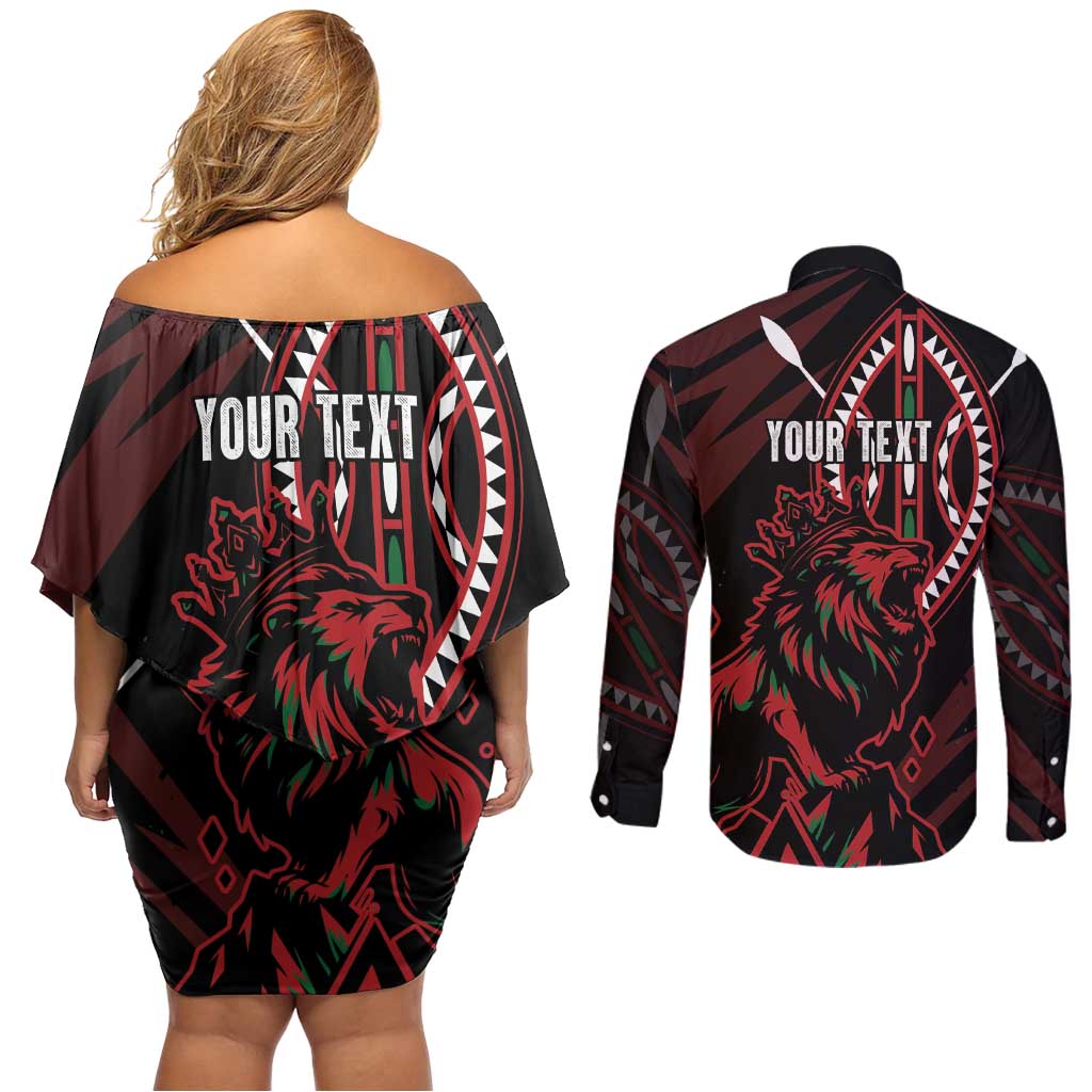 Kenya King Lion Personalized Couples Matching Off Shoulder Short Dress and Long Sleeve Button Shirt Stylized Maasai Shield - Wonder Print Shop