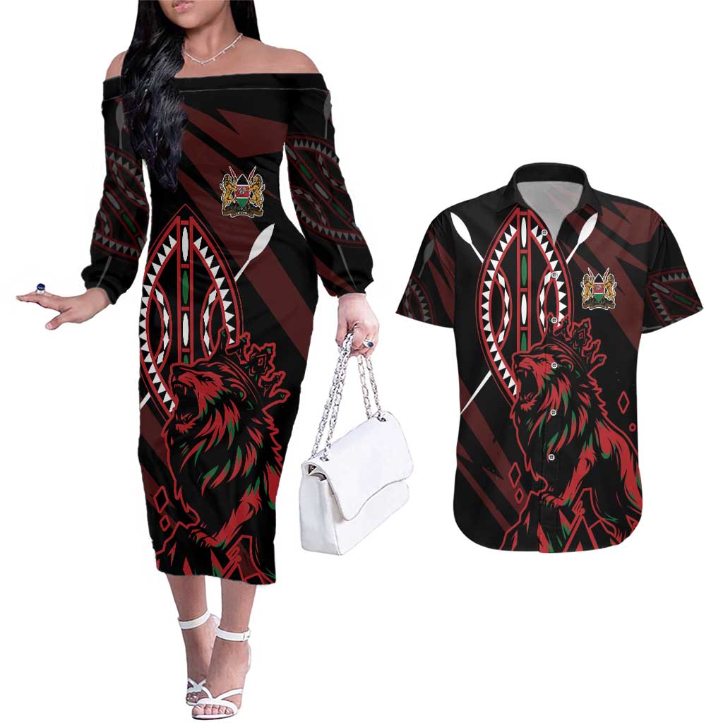 Kenya King Lion Personalized Couples Matching Off The Shoulder Long Sleeve Dress and Hawaiian Shirt Stylized Maasai Shield - Wonder Print Shop