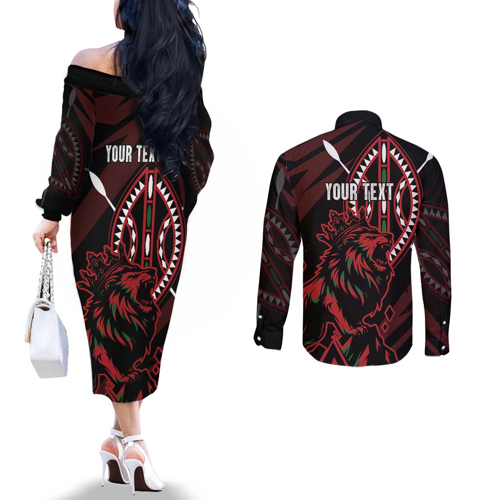 Kenya King Lion Personalized Couples Matching Off The Shoulder Long Sleeve Dress and Long Sleeve Button Shirt Stylized Maasai Shield - Wonder Print Shop