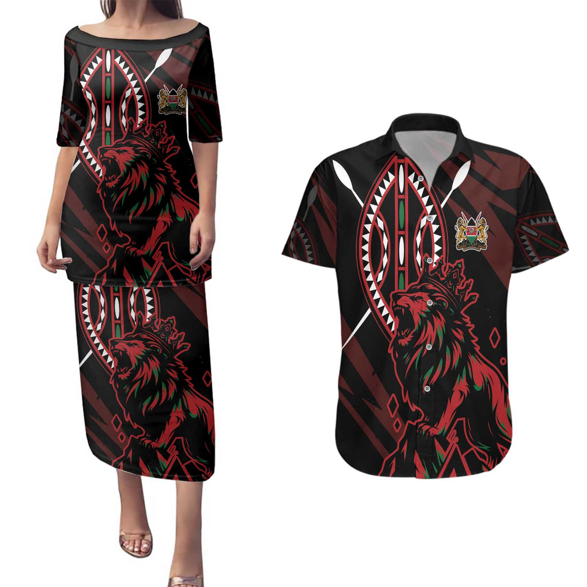Kenya King Lion Personalized Couples Matching Puletasi and Hawaiian Shirt Stylized Maasai Shield - Wonder Print Shop