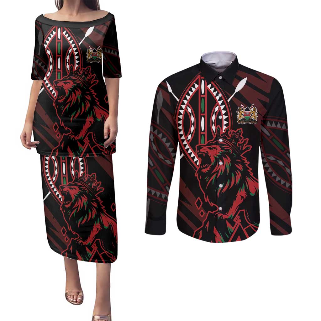 Kenya King Lion Personalized Couples Matching Puletasi and Long Sleeve Button Shirt Stylized Maasai Shield - Wonder Print Shop