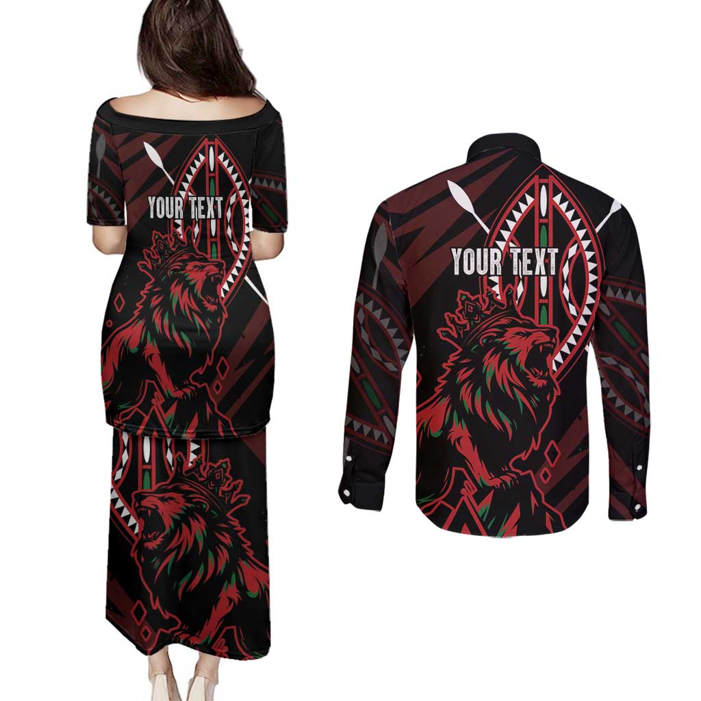 Kenya King Lion Personalized Couples Matching Puletasi and Long Sleeve Button Shirt Stylized Maasai Shield - Wonder Print Shop