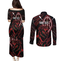 Kenya King Lion Personalized Couples Matching Puletasi and Long Sleeve Button Shirt Stylized Maasai Shield - Wonder Print Shop
