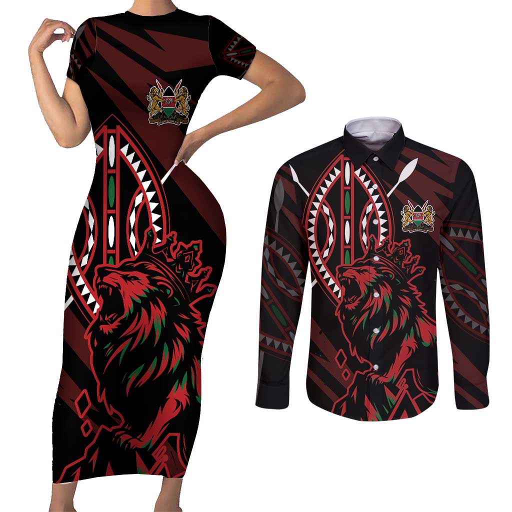 Kenya King Lion Personalized Couples Matching Short Sleeve Bodycon Dress and Long Sleeve Button Shirt Stylized Maasai Shield - Wonder Print Shop