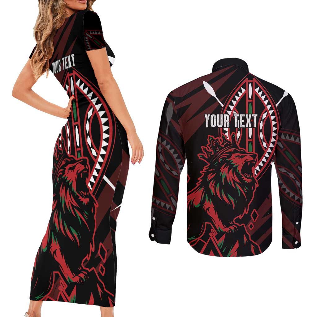Kenya King Lion Personalized Couples Matching Short Sleeve Bodycon Dress and Long Sleeve Button Shirt Stylized Maasai Shield - Wonder Print Shop