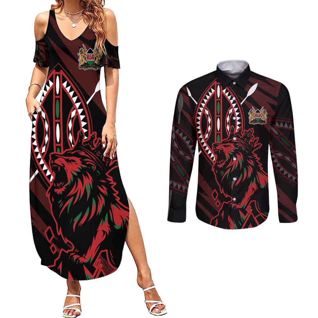 Kenya King Lion Personalized Couples Matching Summer Maxi Dress and Long Sleeve Button Shirt Stylized Maasai Shield - Wonder Print Shop