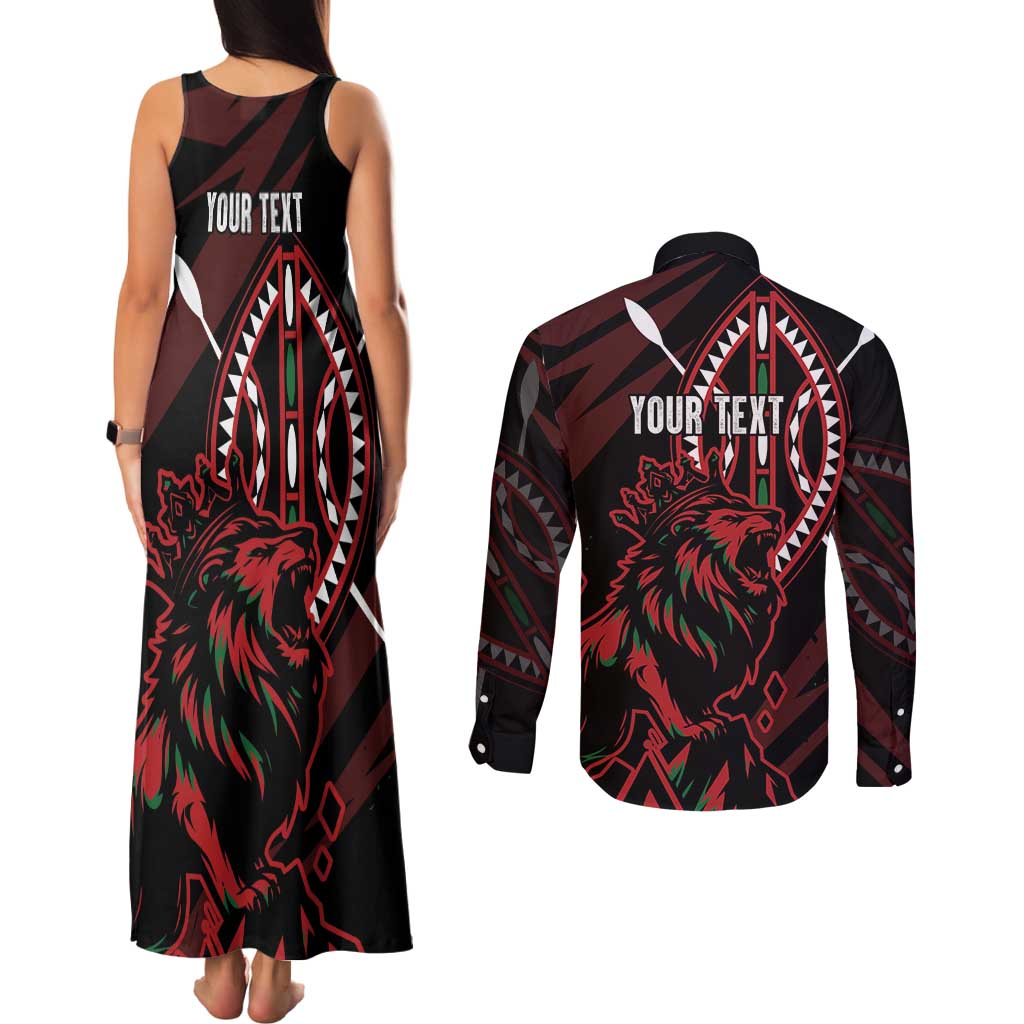 Kenya King Lion Personalized Couples Matching Tank Maxi Dress and Long Sleeve Button Shirt Stylized Maasai Shield - Wonder Print Shop
