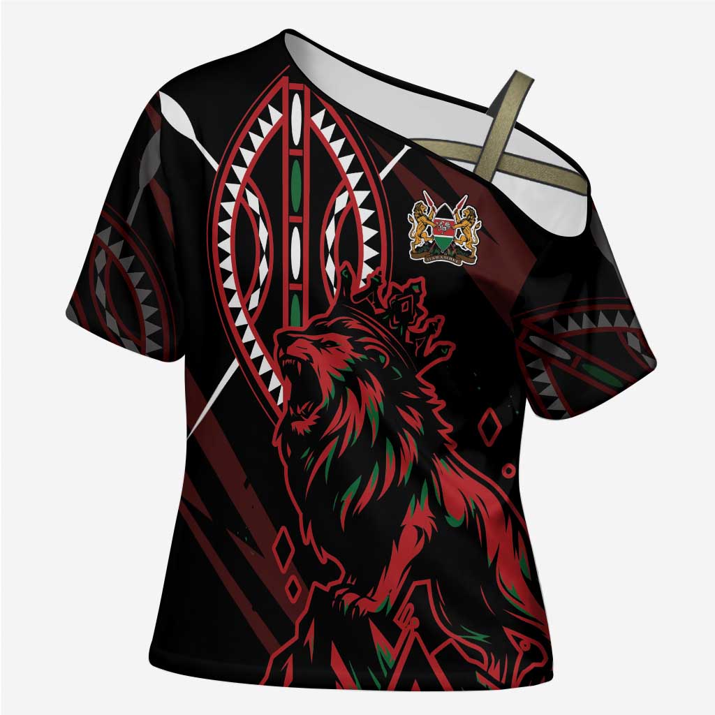 Kenya King Lion Personalized Cross Shoulder Shirt Stylized Maasai Shield - Wonder Print Shop