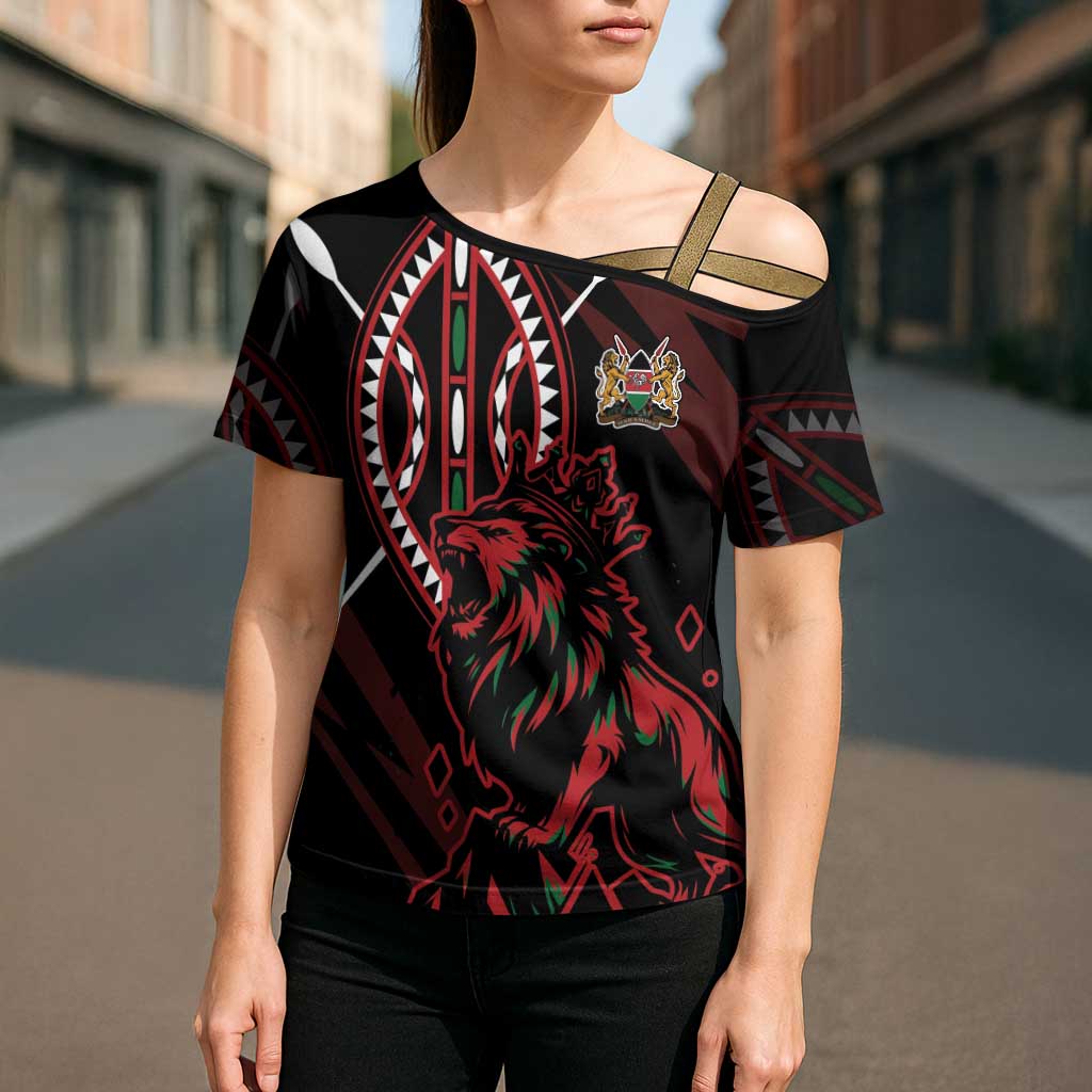 Kenya King Lion Personalized Cross Shoulder Shirt Stylized Maasai Shield - Wonder Print Shop