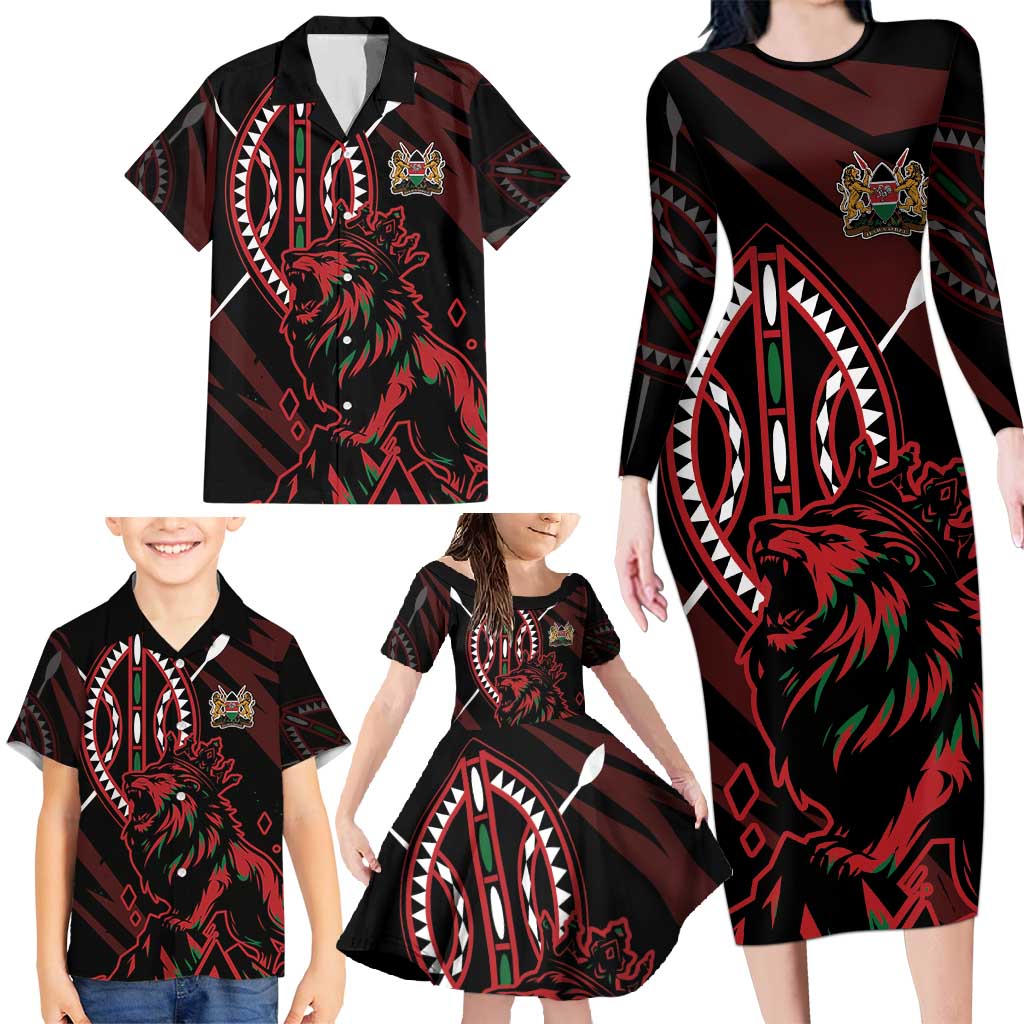 Kenya King Lion Personalized Family Matching Long Sleeve Bodycon Dress and Hawaiian Shirt Stylized Maasai Shield - Wonder Print Shop