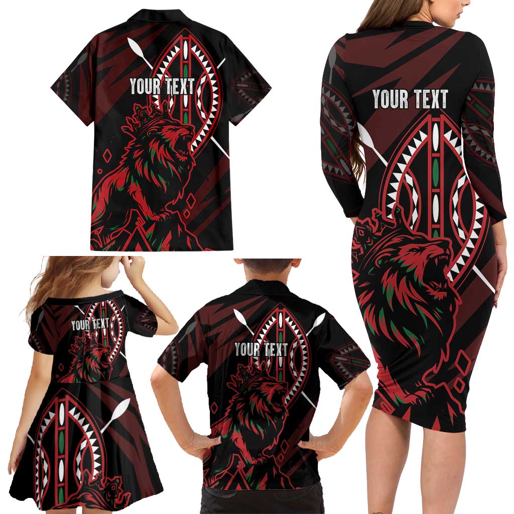 Kenya King Lion Personalized Family Matching Long Sleeve Bodycon Dress and Hawaiian Shirt Stylized Maasai Shield - Wonder Print Shop