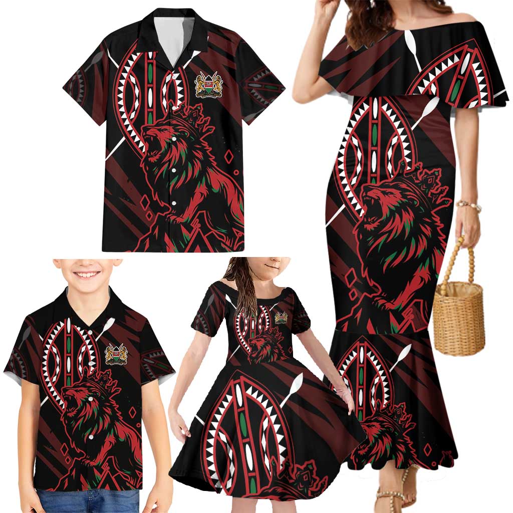 Kenya King Lion Personalized Family Matching Mermaid Dress and Hawaiian Shirt Stylized Maasai Shield - Wonder Print Shop