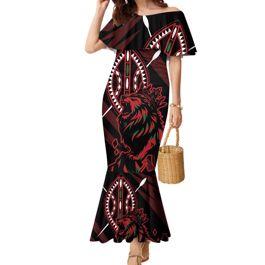 Kenya King Lion Personalized Family Matching Mermaid Dress and Hawaiian Shirt Stylized Maasai Shield - Wonder Print Shop