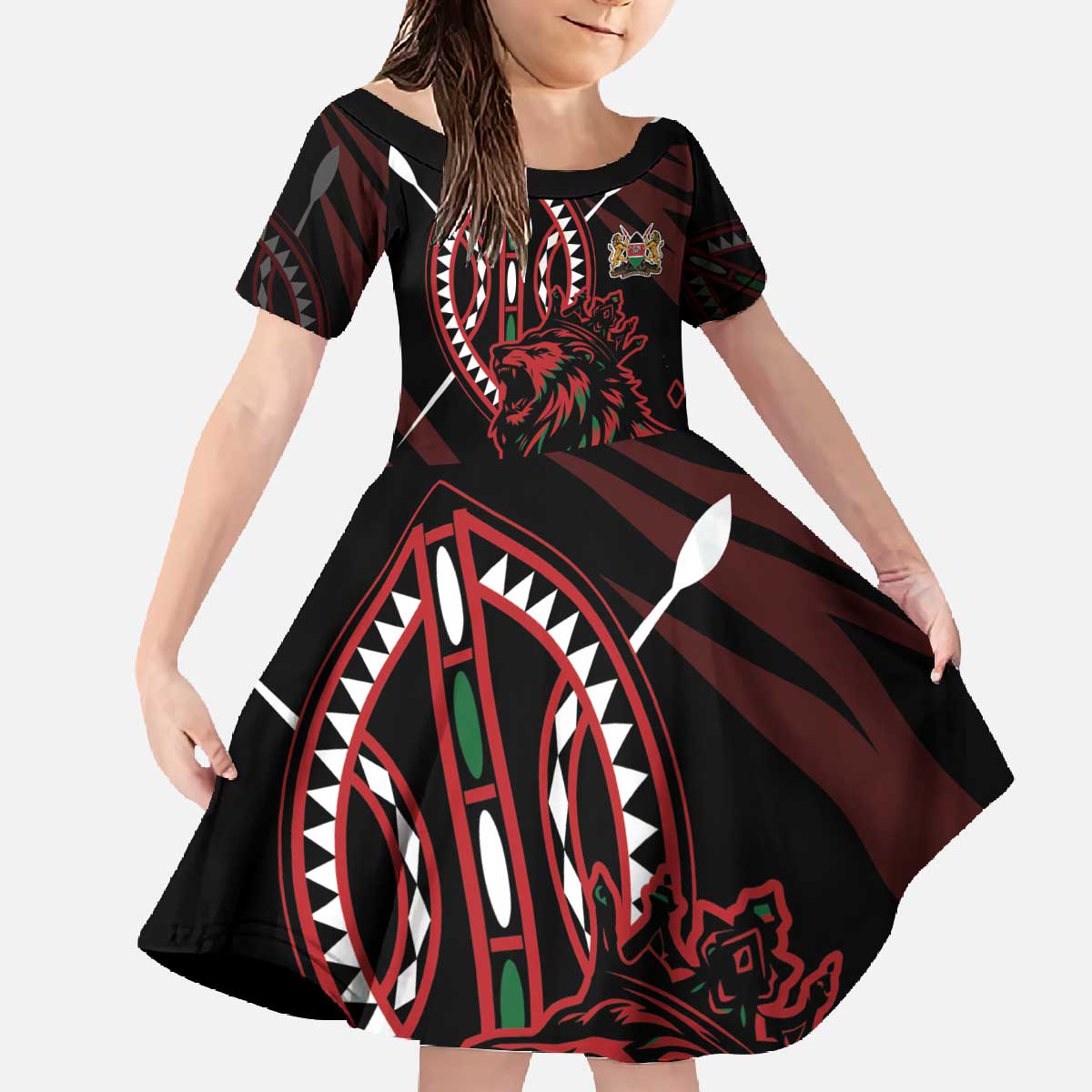 Kenya King Lion Personalized Family Matching Off The Shoulder Long Sleeve Dress and Hawaiian Shirt Stylized Maasai Shield - Wonder Print Shop