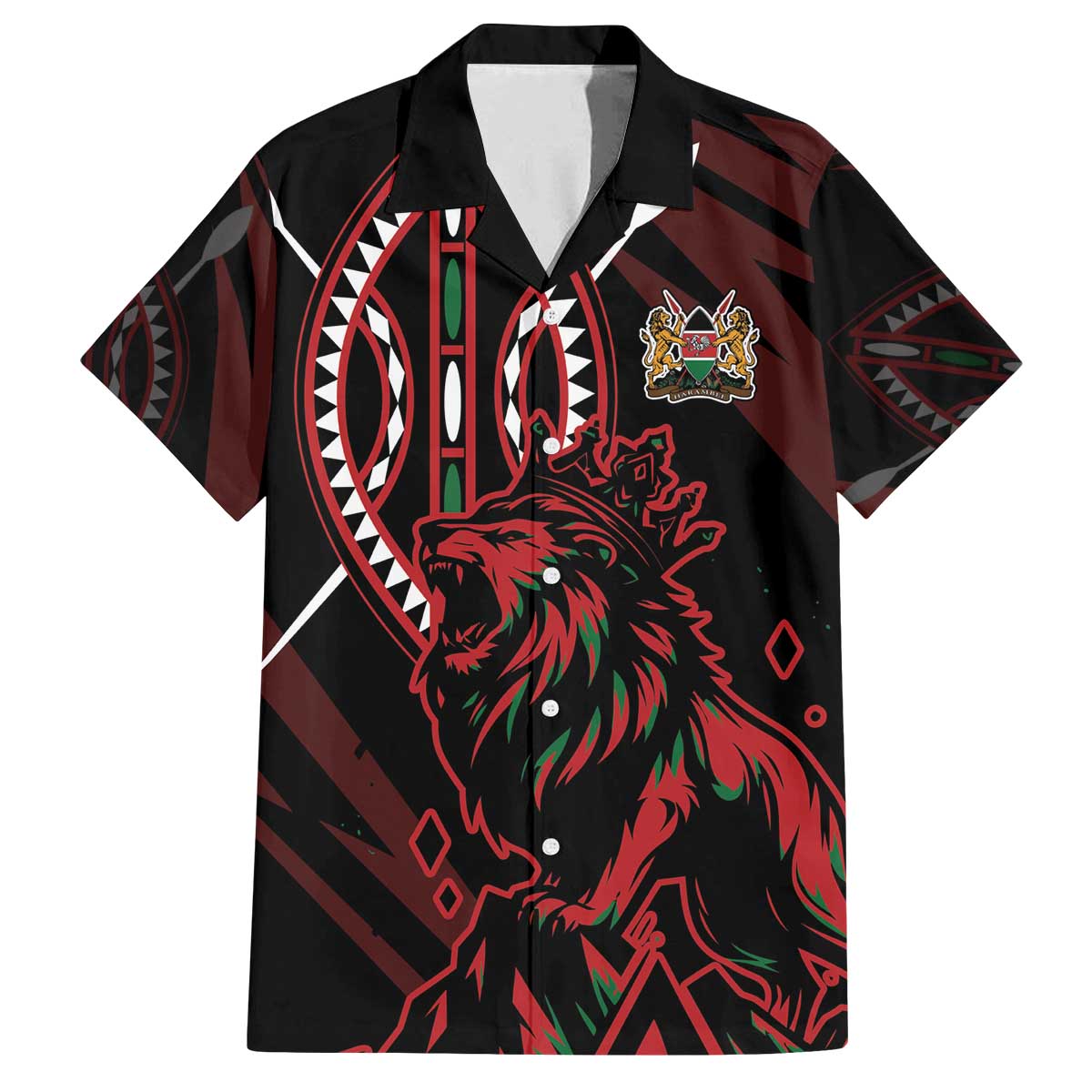 Kenya King Lion Personalized Family Matching Off The Shoulder Long Sleeve Dress and Hawaiian Shirt Stylized Maasai Shield - Wonder Print Shop