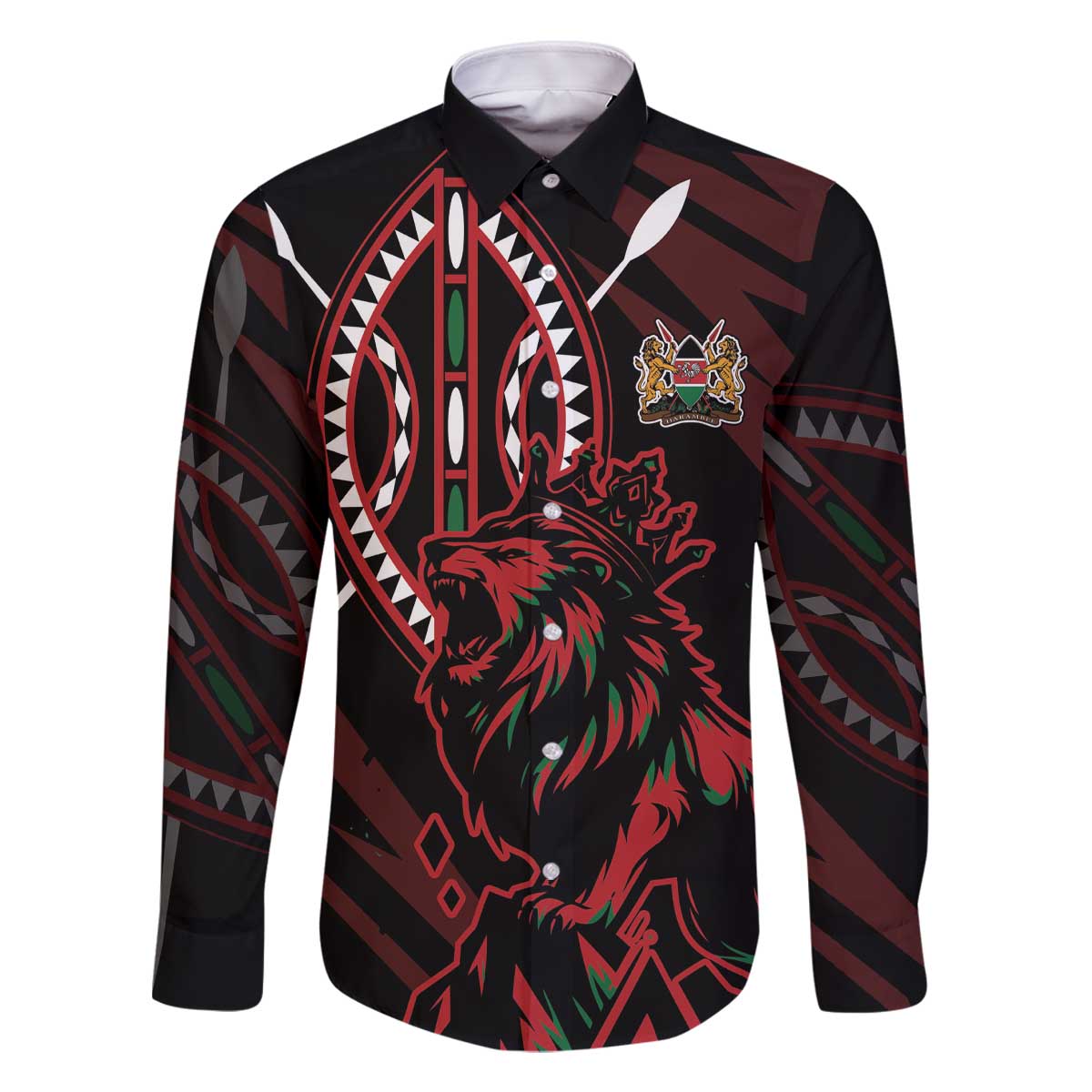 Kenya King Lion Personalized Family Matching Off The Shoulder Long Sleeve Dress and Hawaiian Shirt Stylized Maasai Shield - Wonder Print Shop