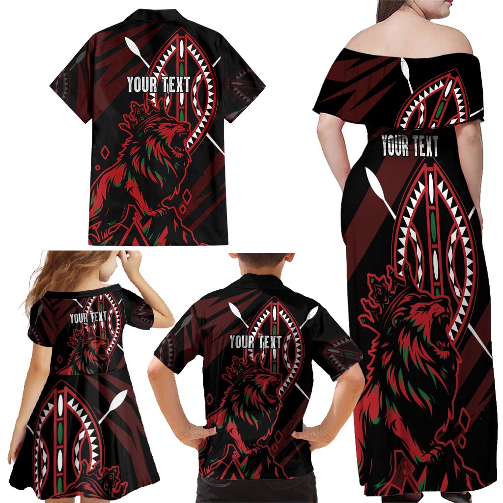 Kenya King Lion Personalized Family Matching Off Shoulder Maxi Dress and Hawaiian Shirt Stylized Maasai Shield - Wonder Print Shop