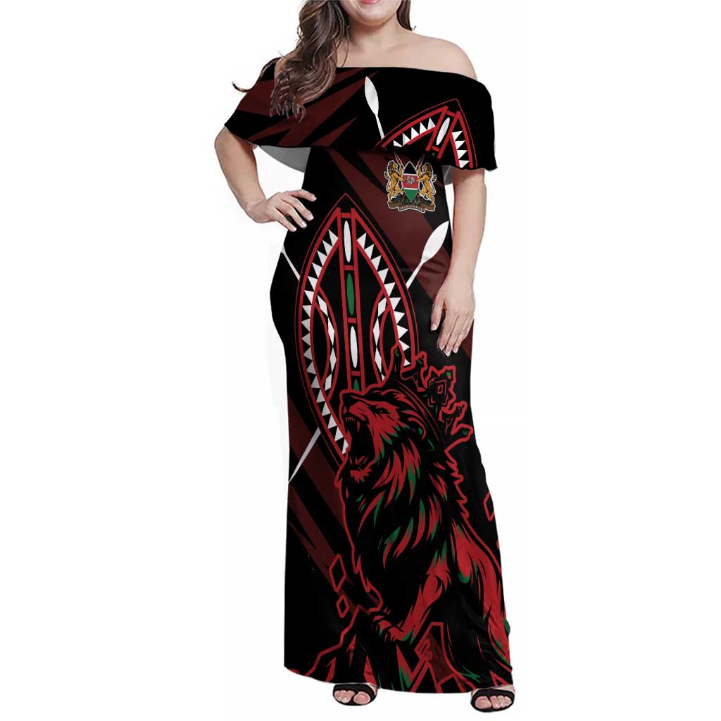 Kenya King Lion Personalized Family Matching Off Shoulder Maxi Dress and Hawaiian Shirt Stylized Maasai Shield - Wonder Print Shop