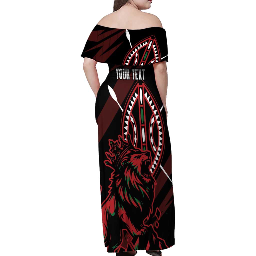 Kenya King Lion Personalized Family Matching Off Shoulder Maxi Dress and Hawaiian Shirt Stylized Maasai Shield - Wonder Print Shop