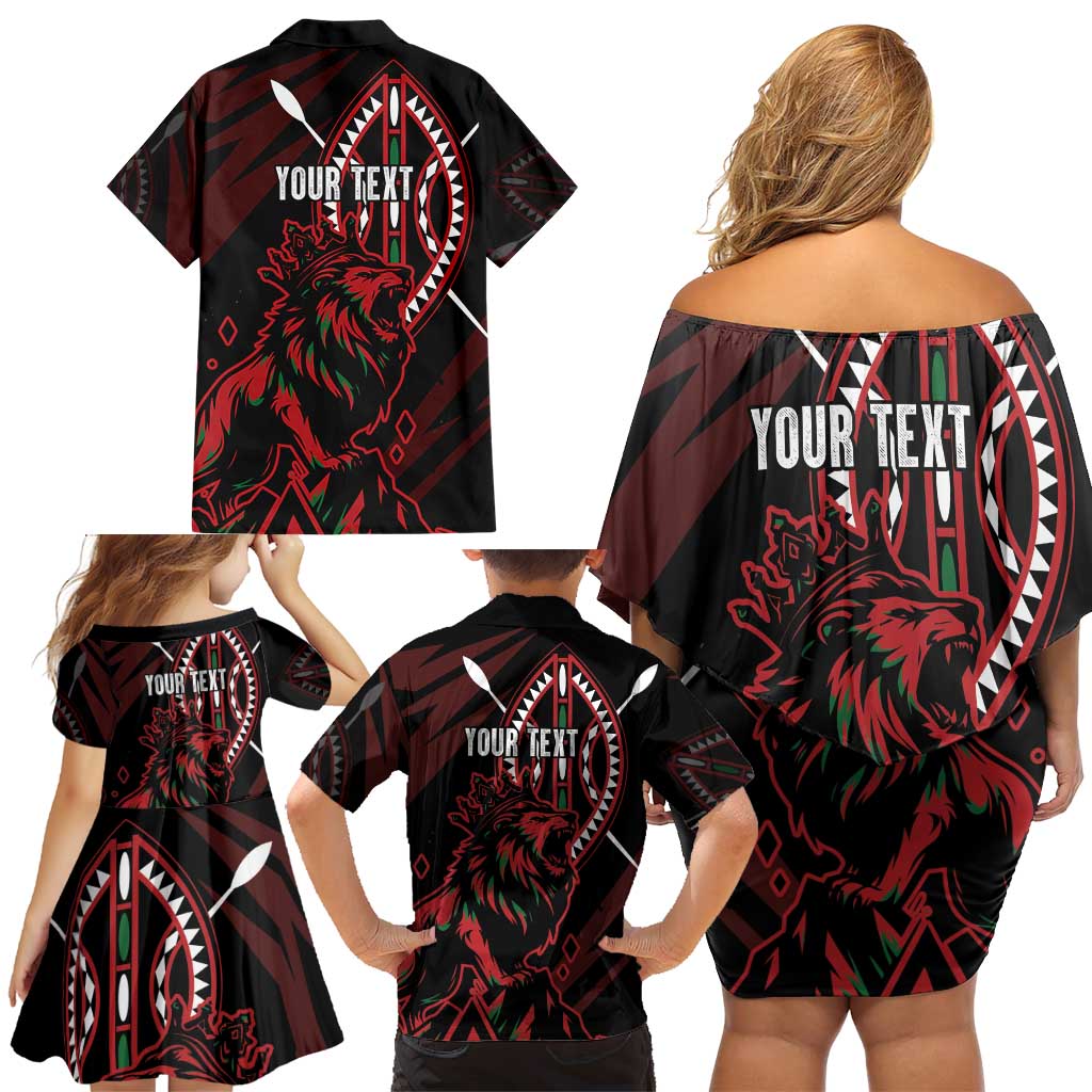 Kenya King Lion Personalized Family Matching Off Shoulder Short Dress and Hawaiian Shirt Stylized Maasai Shield - Wonder Print Shop
