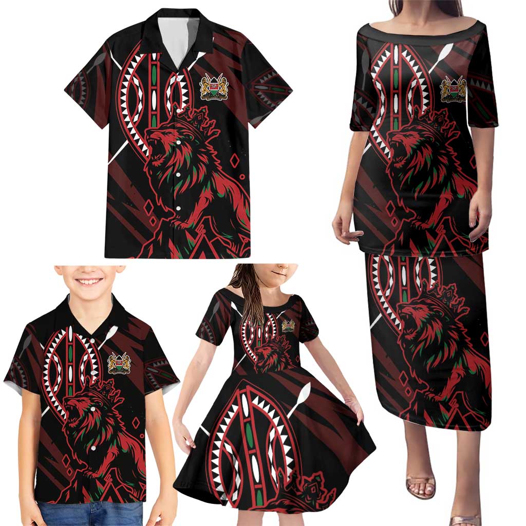 Kenya King Lion Personalized Family Matching Puletasi and Hawaiian Shirt Stylized Maasai Shield - Wonder Print Shop