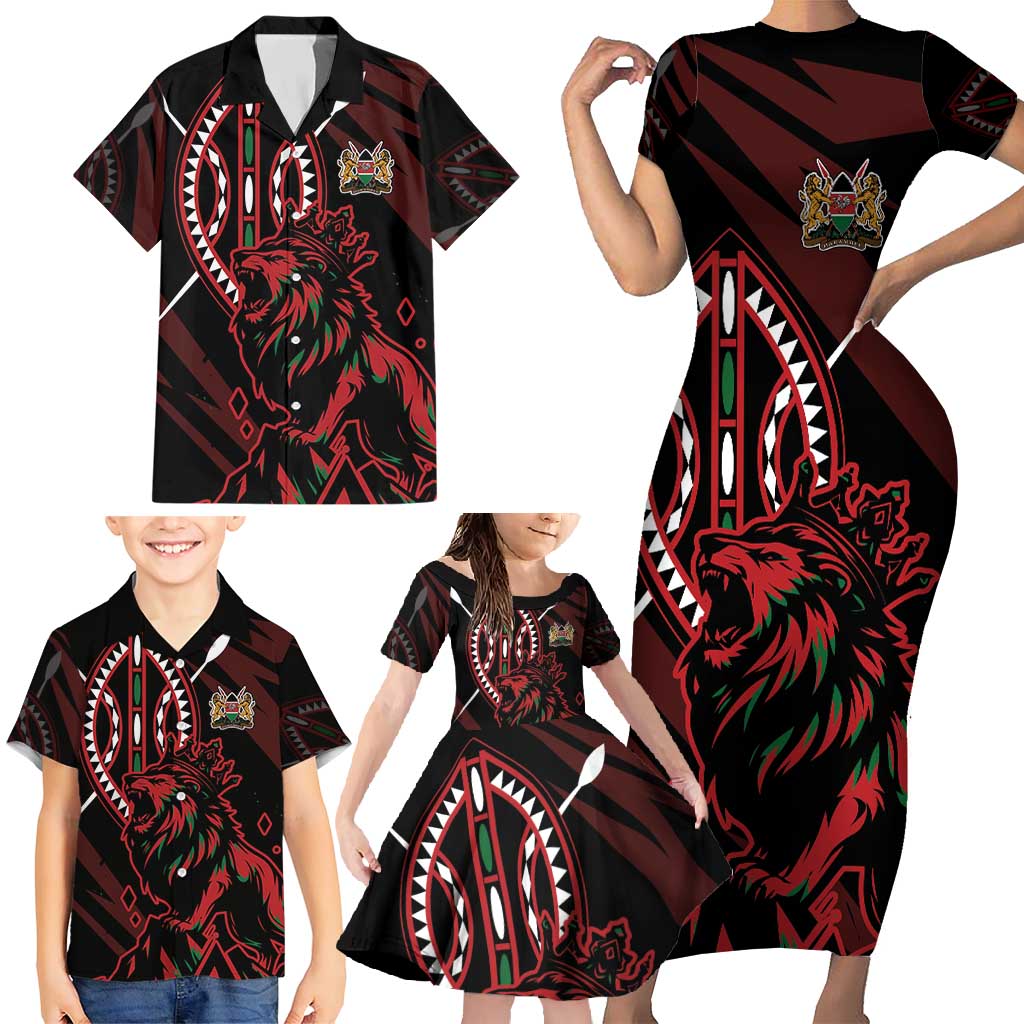Kenya King Lion Personalized Family Matching Short Sleeve Bodycon Dress and Hawaiian Shirt Stylized Maasai Shield - Wonder Print Shop