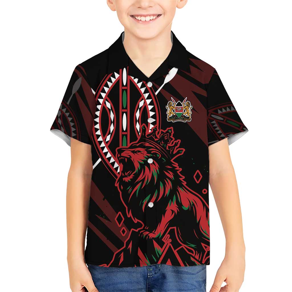 Kenya King Lion Personalized Family Matching Short Sleeve Bodycon Dress and Hawaiian Shirt Stylized Maasai Shield - Wonder Print Shop