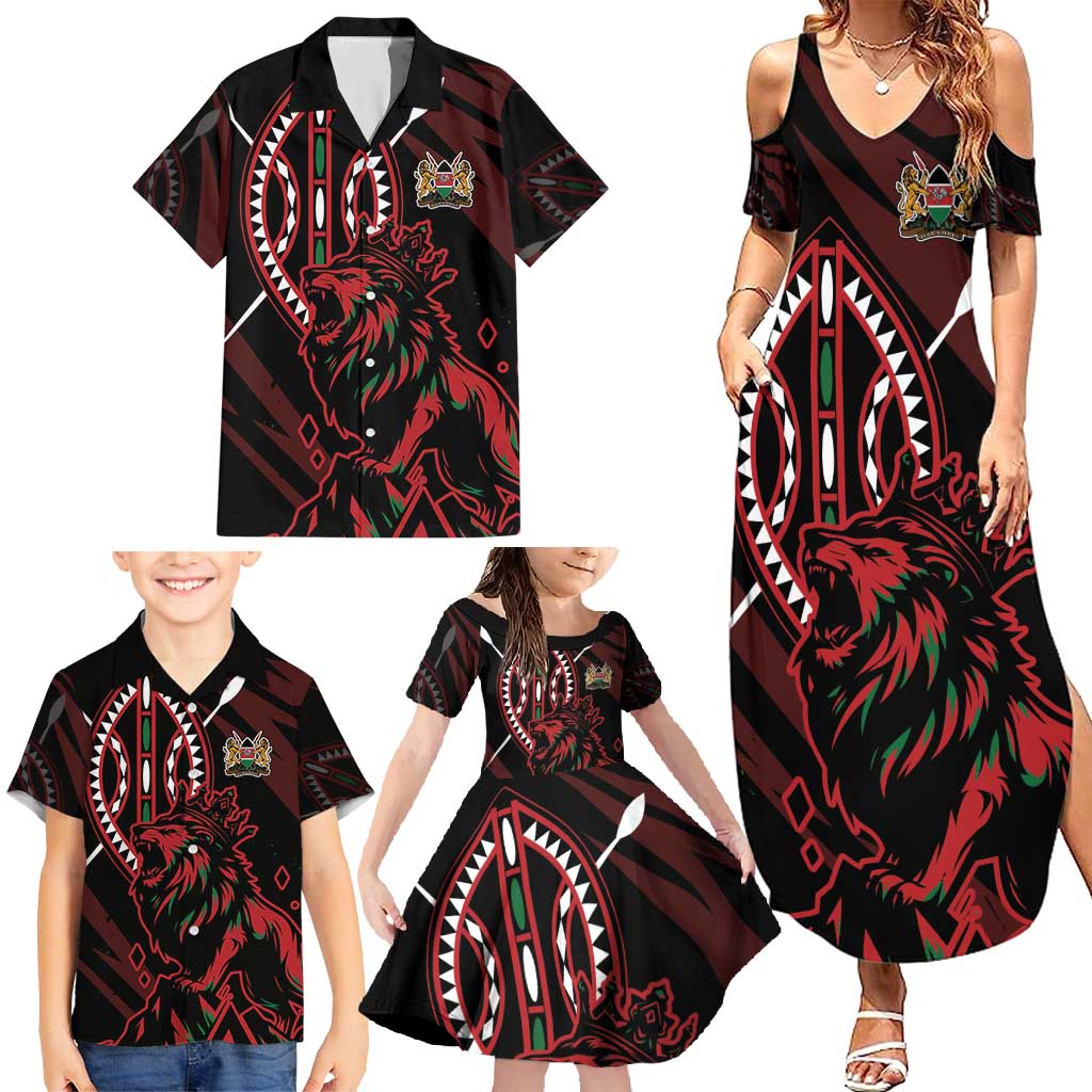 Kenya King Lion Personalized Family Matching Summer Maxi Dress and Hawaiian Shirt Stylized Maasai Shield - Wonder Print Shop