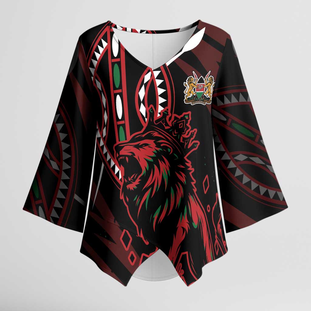 Kenya King Lion Personalized Kimono Sleeve Blouse Stylized Maasai Shield - Wonder Print Shop