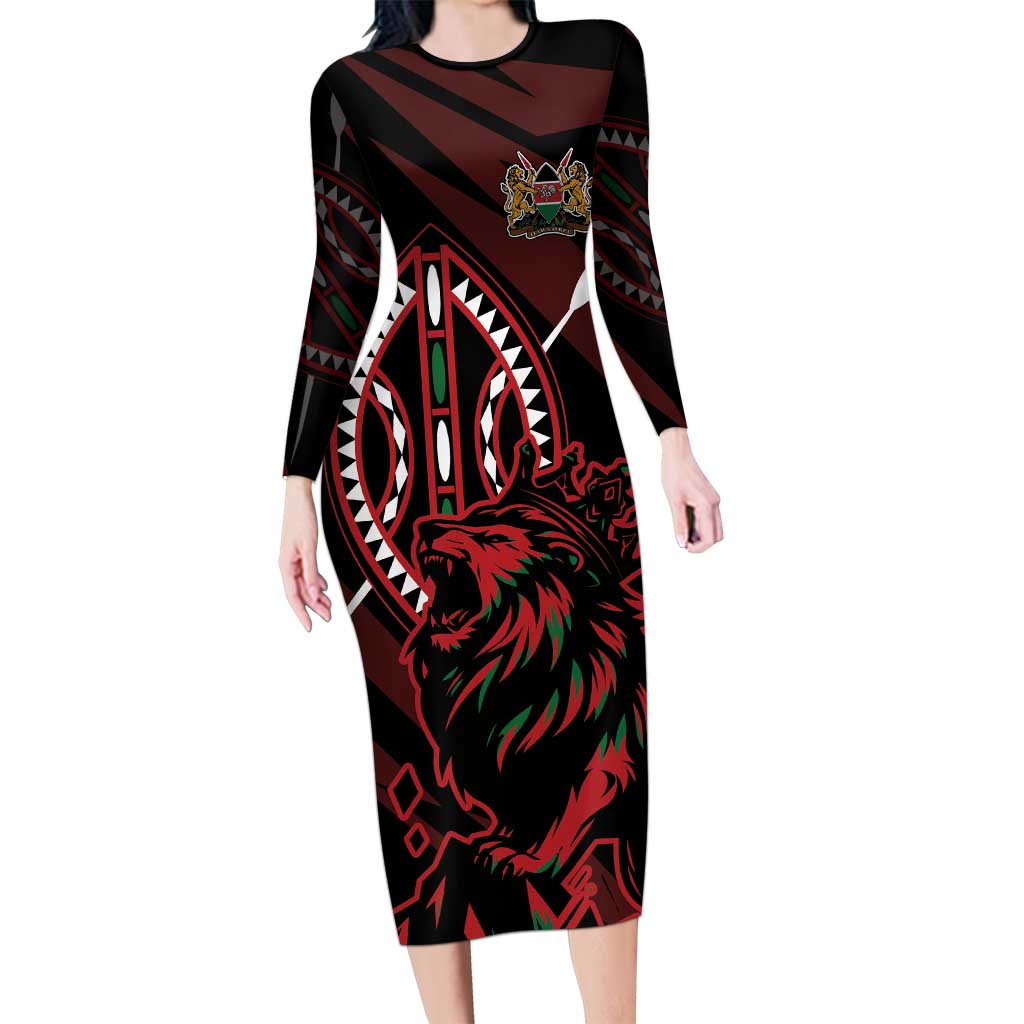 Kenya King Lion Personalized Long Sleeve Bodycon Dress Stylized Maasai Shield - Wonder Print Shop