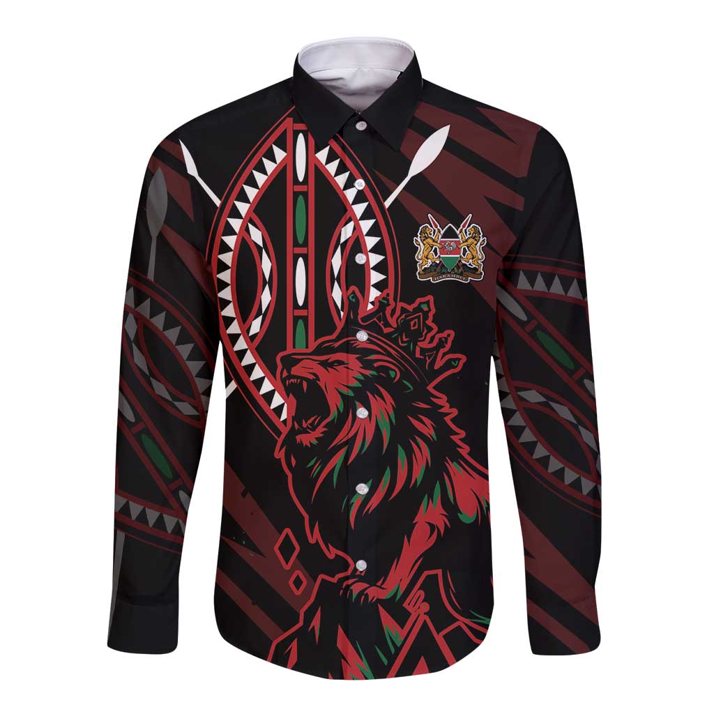 Kenya King Lion Personalized Long Sleeve Button Shirt Stylized Maasai Shield - Wonder Print Shop