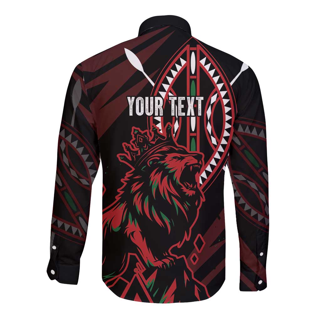 Kenya King Lion Personalized Long Sleeve Button Shirt Stylized Maasai Shield - Wonder Print Shop