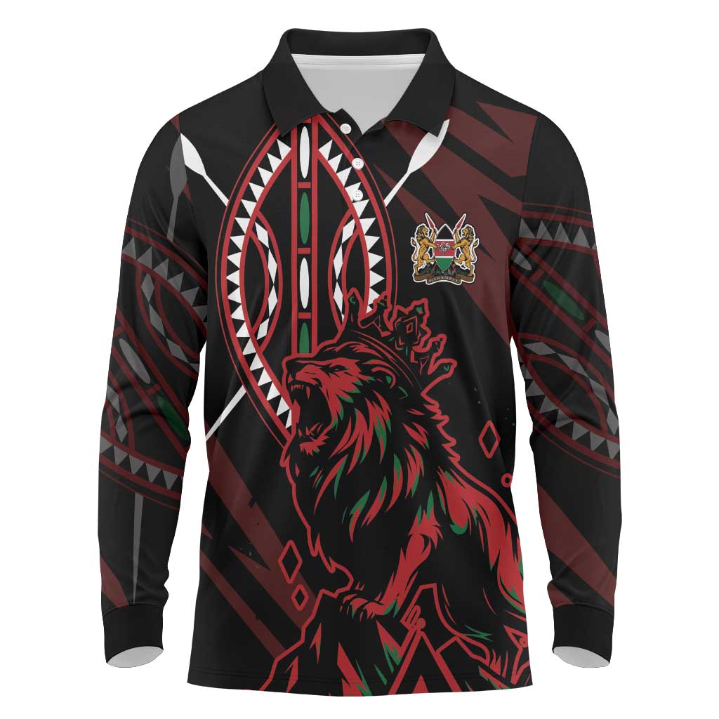 Kenya King Lion Personalized Long Sleeve Polo Shirt Stylized Maasai Shield - Wonder Print Shop