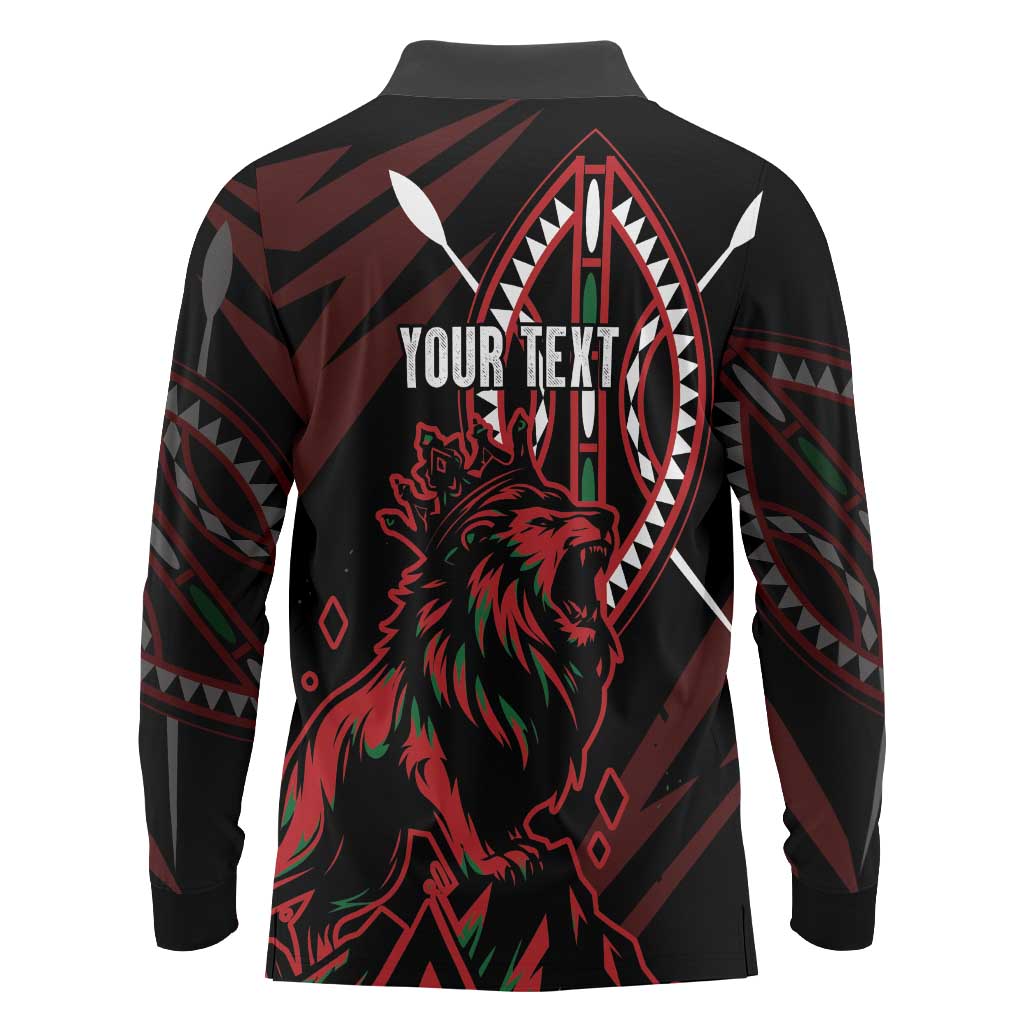 Kenya King Lion Personalized Long Sleeve Polo Shirt Stylized Maasai Shield - Wonder Print Shop